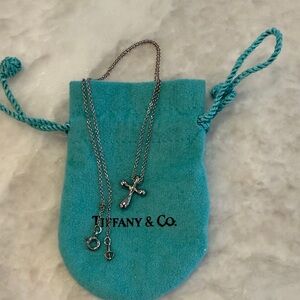 Tiffany & Co. Sterling Silver  Cross Necklace with Turquoise Pouch